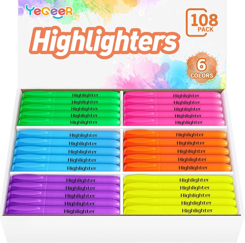 YEGEER Highlighters, Chisel Tip Dry-Quickly Highlighter Markers, 108 Count-6 Assorted Colors Highlighters Bulk Pack for Adult Kids, Office Classroom Must Have, School Supplies for Teachers - Image 1